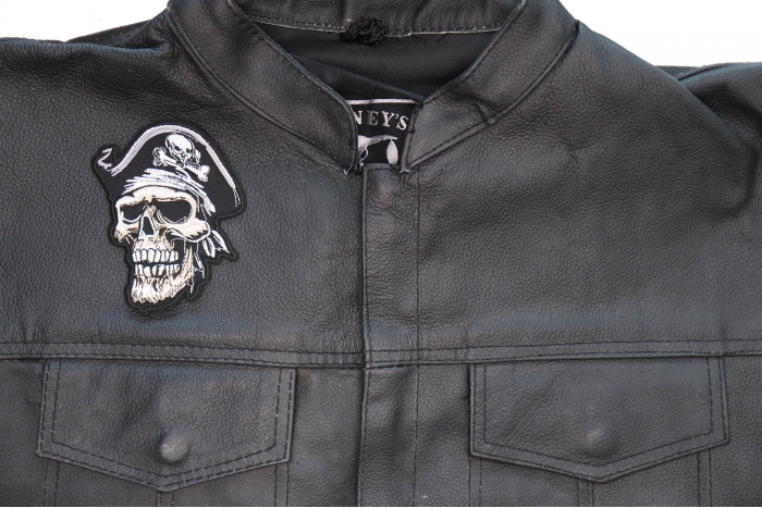 Dead Skull Pirate Patch, Skull Patches shown on leather vest