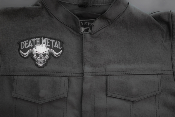 Death Metal Skull Patch shown on leather vest
