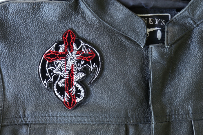 Dragon Skeleton and Cross Patch, Skull Patches shown on leather vest