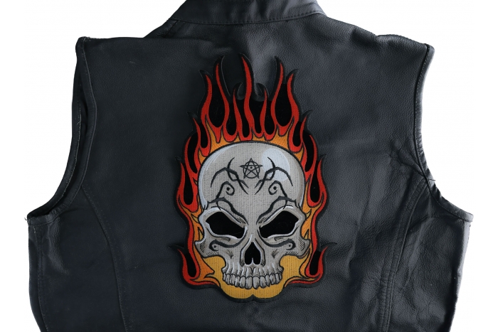 Flaming Tattoo Skull Large Back Patch shown on leather vest