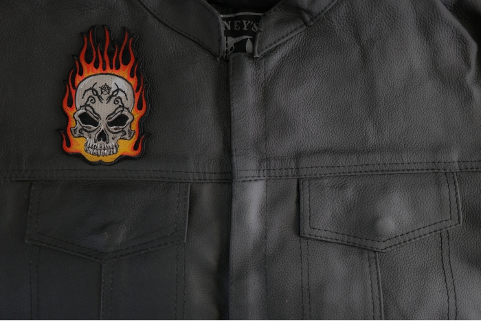 Flaming Tattoo Skull Patch shown on leather vest