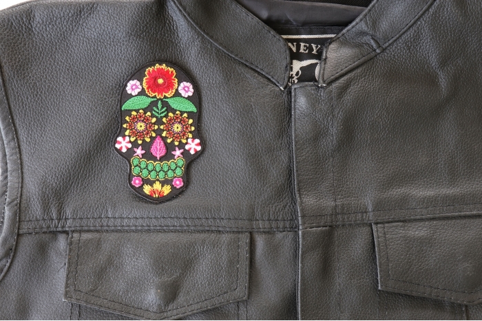 Flower Skull Patch, Skull Patches shown on leather vest