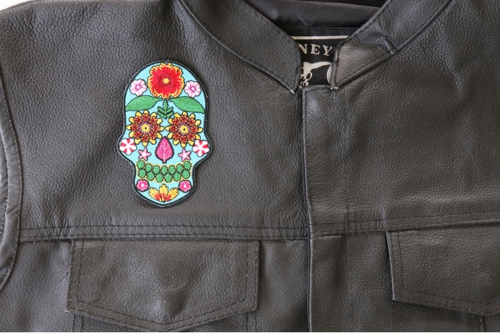 Flower Skull Patch, Skull Patches shown on leather vest