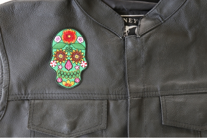 Flower Skull Patch, Skull Patches shown on leather vest