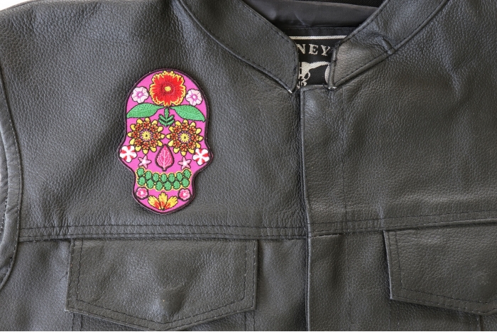 Flowered Skull Patch, Skull Patches shown on leather vest