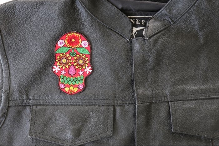 Sugar Skull Flowers Patch, Skull Patches shown on leather vest