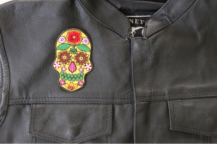 Flower Skull Patch, Skull Patches shown on leather vest