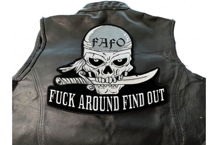 Fuck Around Find Out Skull with Dagger in Mouth Patch, Large Skull Patches for Back of Vests shown on leather vest