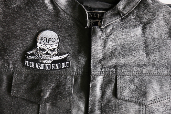 Fuck Around Find Out Skull Patch, Skull Patches shown on leather vest