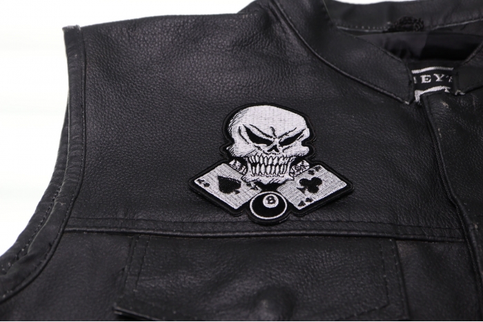 Aces, 8 Ball and Skull Patch, Biker Skull Patches shown on leather vest