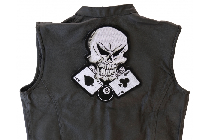 Ace of Spades, 8 Ball and Dice Skull Patch, Large Skull Patches for Biker Jackets shown on leather vest