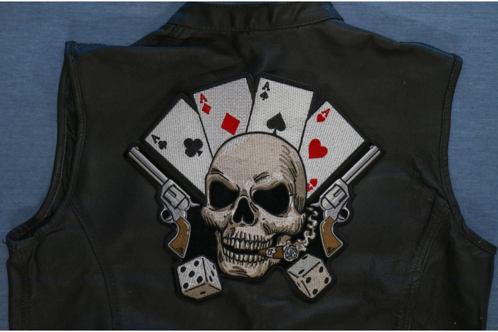 Gambler Skull Large Patch shown on leather vest