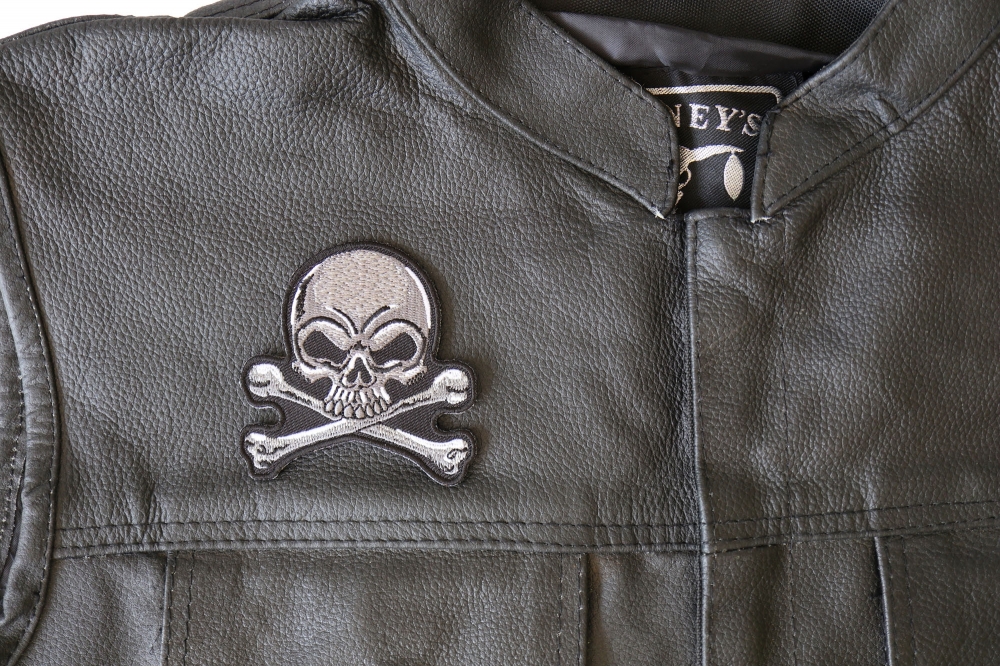 Gray Skull and Cross Bones Patch, Biker Skull Patches by