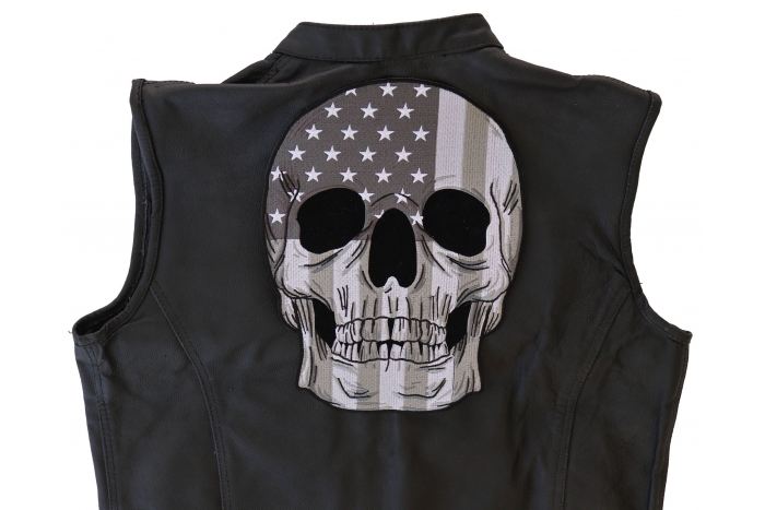 American Flag Skull Patch, Large Skull Patches for Biker Jackets shown on leather vest