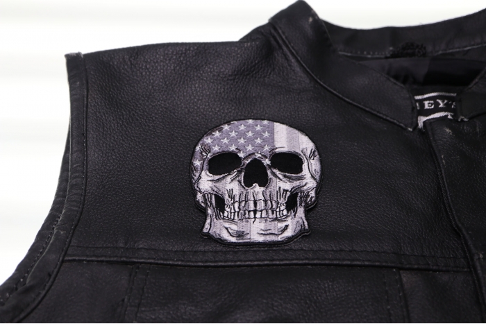 American Flag Skull Patch, Skull Patches shown on leather vest