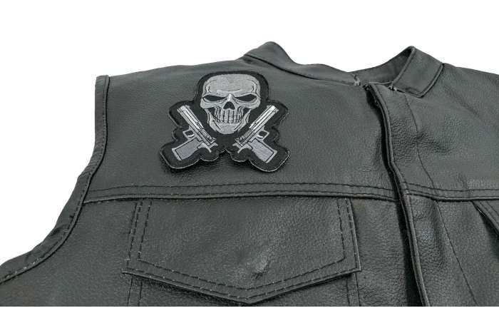 Guns and Skull Patch, Skull Patches shown on leather vest