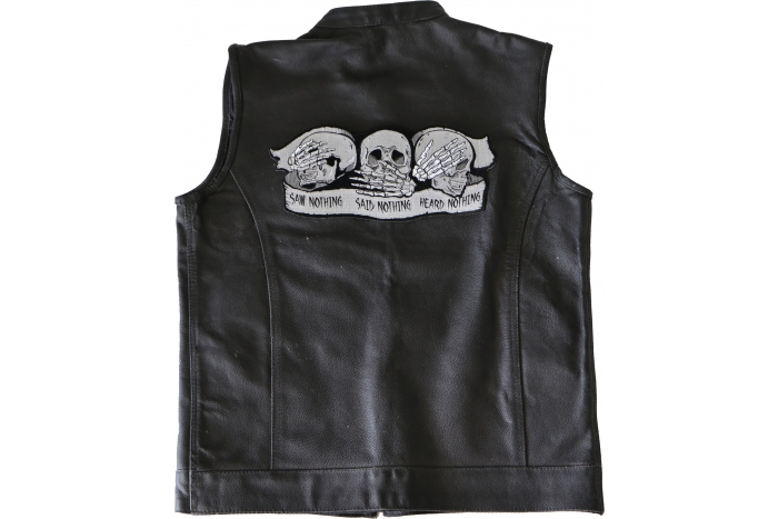 Heard Nothing Saw Nothing Said Nothing Skulls Patch, Large Skull Patches for Back of Vests shown on leather vest