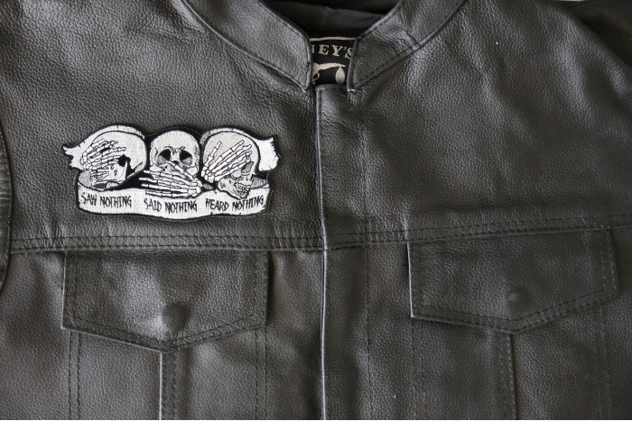 Heard Nothing Saw Nothing Said Nothing Skulls Patch, Biker Skull Patches shown on leather vest