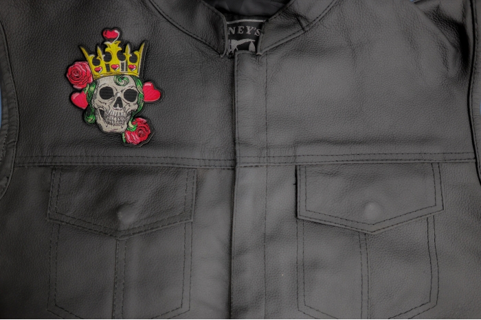 Hearts Queen Skull Patch shown on leather vest