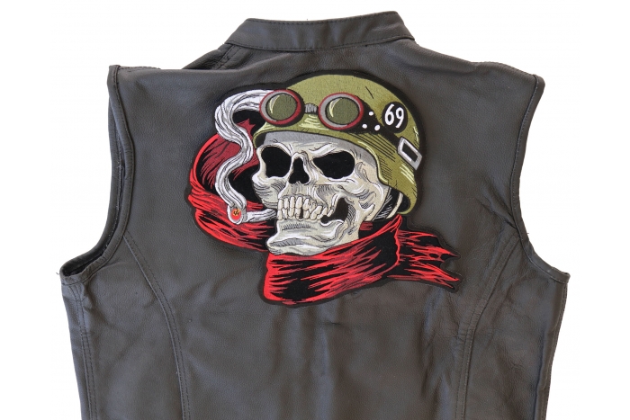 69 Skull Cigar Patch, Large Skull Patches for Biker Jackets shown on leather vest