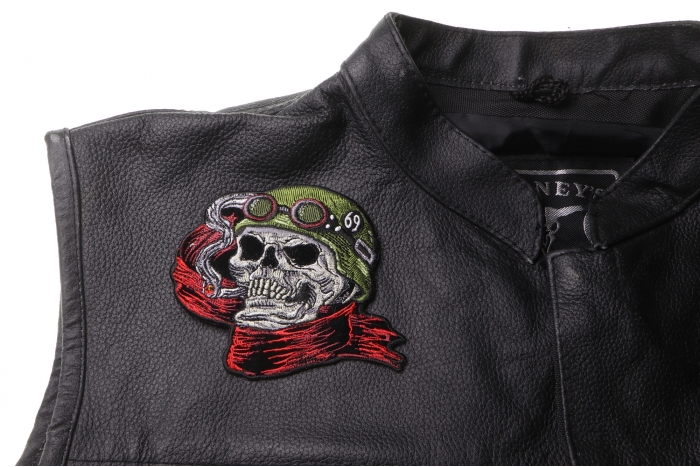 Cigar Skull Motorcycle Rider Patch, Biker Skull Patches shown on leather vest