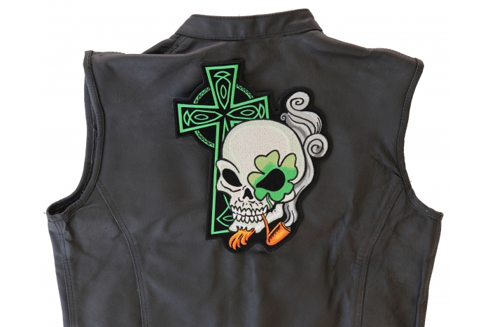 Irish Cross Skull Goaty and Pipe Patch, Large Skull Patches for Biker Jackets shown on leather vest