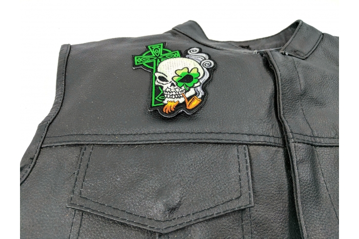 Irish Skull Cross Smoking Pipe Patch, Biker Skull Patches shown on leather vest
