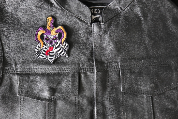 Jester Clown Skull Patch, Biker Skull Patches shown on leather vest