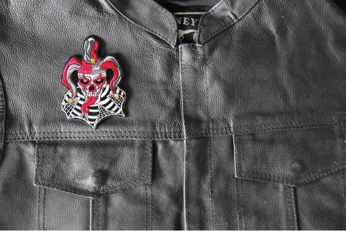 Jester Skull Patch, Biker Skull Patches shown on leather vest