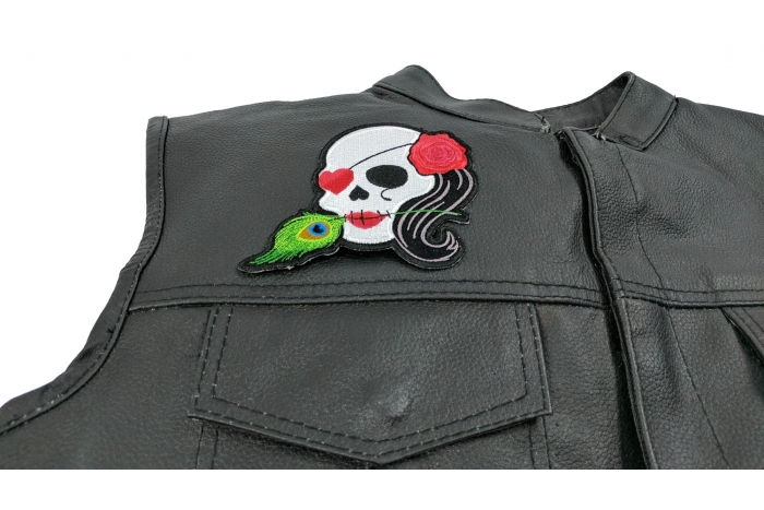 Heart Eye Lady Skull Patch, Skull Patches shown on leather vest