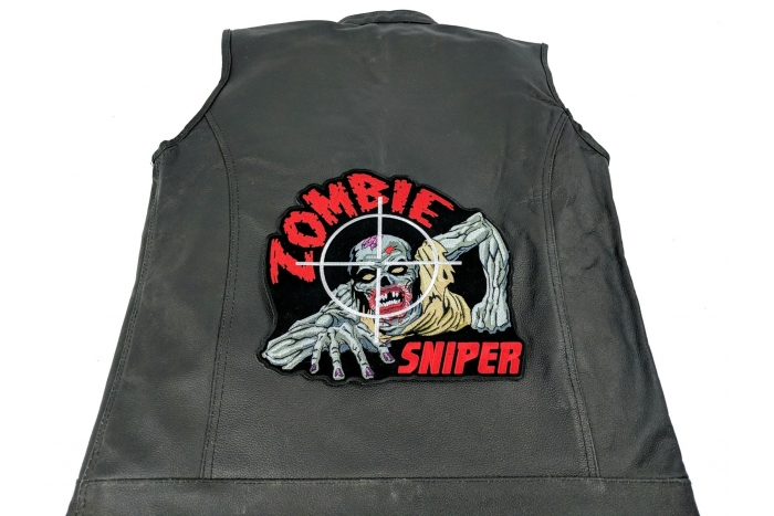 Zombie Sniper Patch Large - Iron on Patch - 10x9.6 inch shown on leather vest