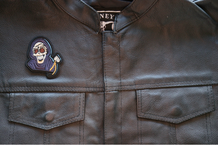Laughing Reaper Patch, Skull Patches shown on leather vest