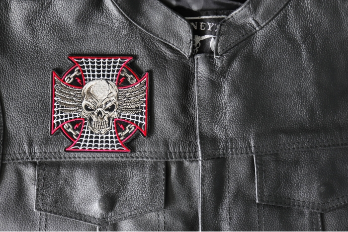 Maltese Skull Patch, Biker Skull Patches shown on leather vest