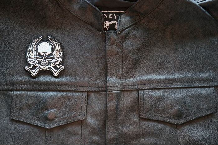 Metal Skull Patch, Biker Skull Patches shown on leather vest