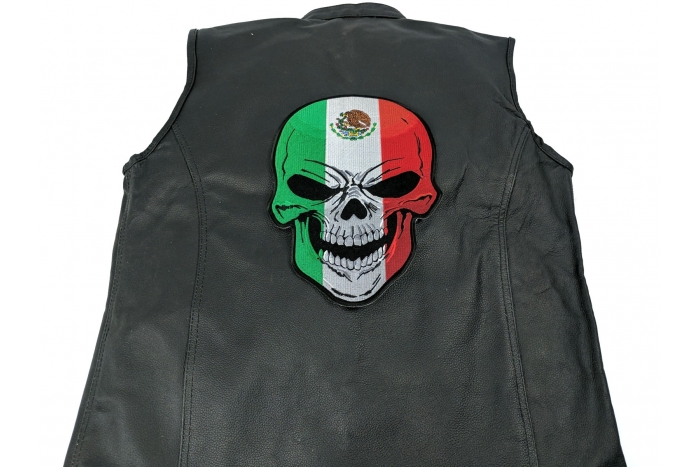 Skull Patch Large with Mexican Flag - Iron on Patch - 7.6x11 inch shown on leather vest