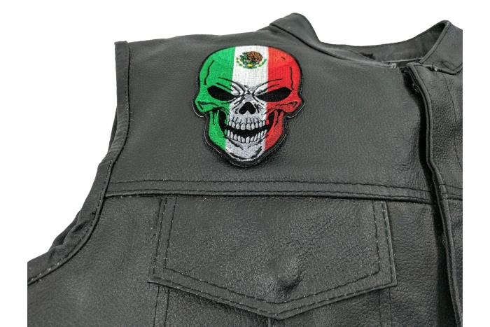 Mexican Flag Skull Patch, Skull Patches shown on leather vest