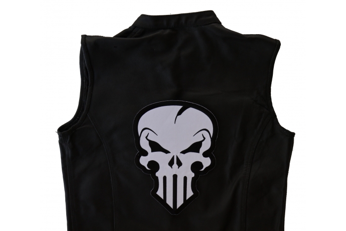 Punisher Skull Patch, Large Skull Patches for Back of Vests shown on leather vest