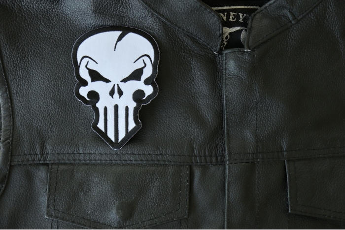 Punisher Skull Patch, Biker Skull Patches shown on leather vest