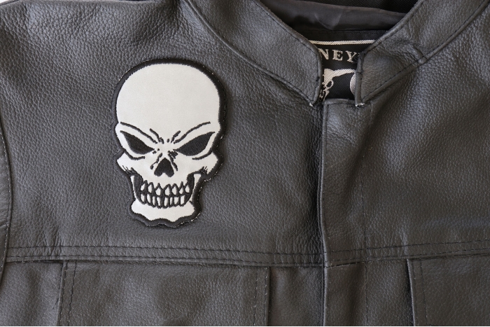 Reflective Skull Patch, Biker Skull Patches shown on leather vest
