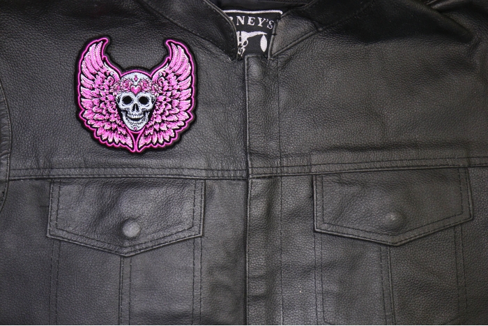 Pink Angel Wings Skull Patch shown on leather vest