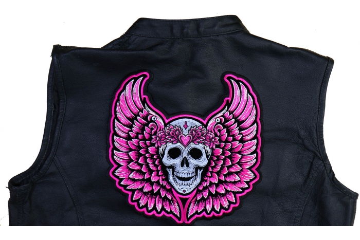 Pink Angel Wings Skull Patch shown on leather vest