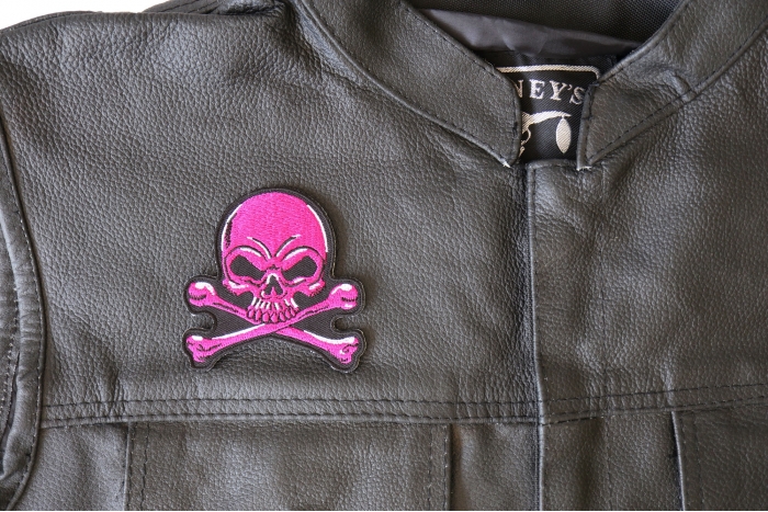 Pink Skull and Cross Bones Patch, Biker Skull Patches shown on leather vest