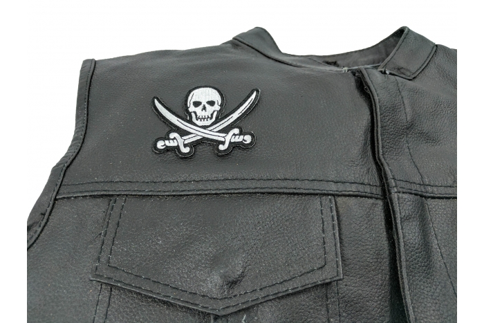 Pirate Sword Skull Patch, Skull Patches shown on leather vest