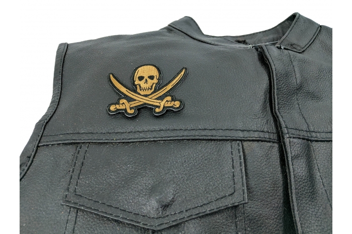 Pirate Sword Skull Patch, Skull Patches shown on leather vest