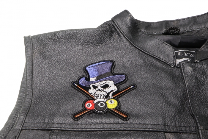 Skull and Pool Sticks Patch, Biker Skull Patches shown on leather vest