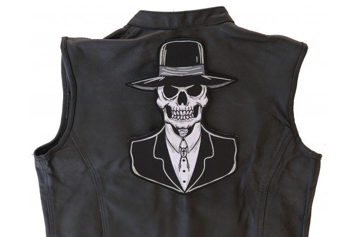 Preacher Skull Tall Hat Patch, Large Skull Patches for Biker Jackets shown on leather vest