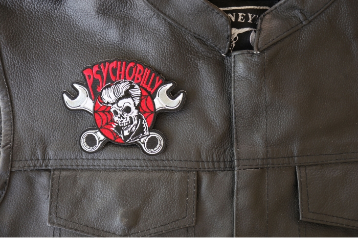 Psychobilly Skull and Wrenches Patch, Skull Patches shown on leather vest
