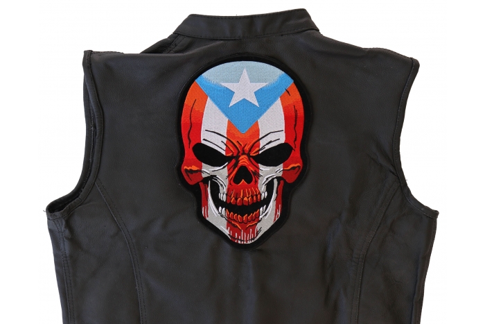 Puerto Rico Flag Skull Patch, Large Skull Patches for Back of Vests shown on leather vest