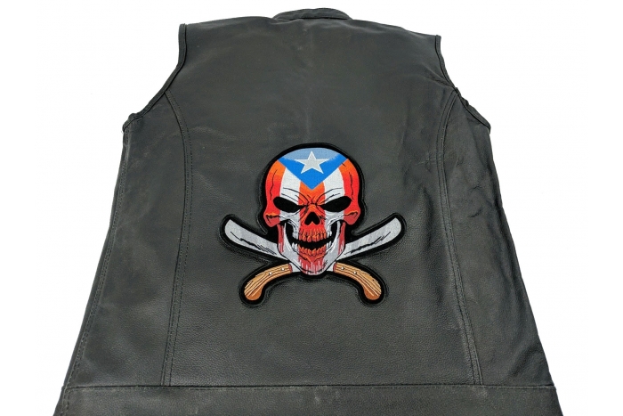 Puerto Rican Skull With Machetes Large Back Patch - Iron on Patch - 9x9 inch shown on leather vest