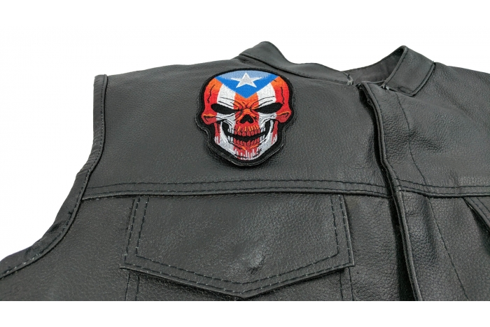 Puerto Rican Flag Skull Patch, Skull Patches shown on leather vest